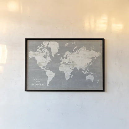 Slate World Map by Sue Schlabach. shown as a paper print in a black flame. Available as a archival giclee rolled canvas, fine art paper, or poster print. SKU 51520i.