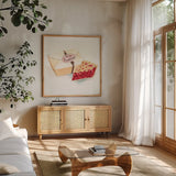 Slice of Pie by Sue Schlabach. Shown in a natural wood frame in a cozy modern living room. Available as an archival giclee rolled canvas, fine art paper, or poster print. SKU 9197a.