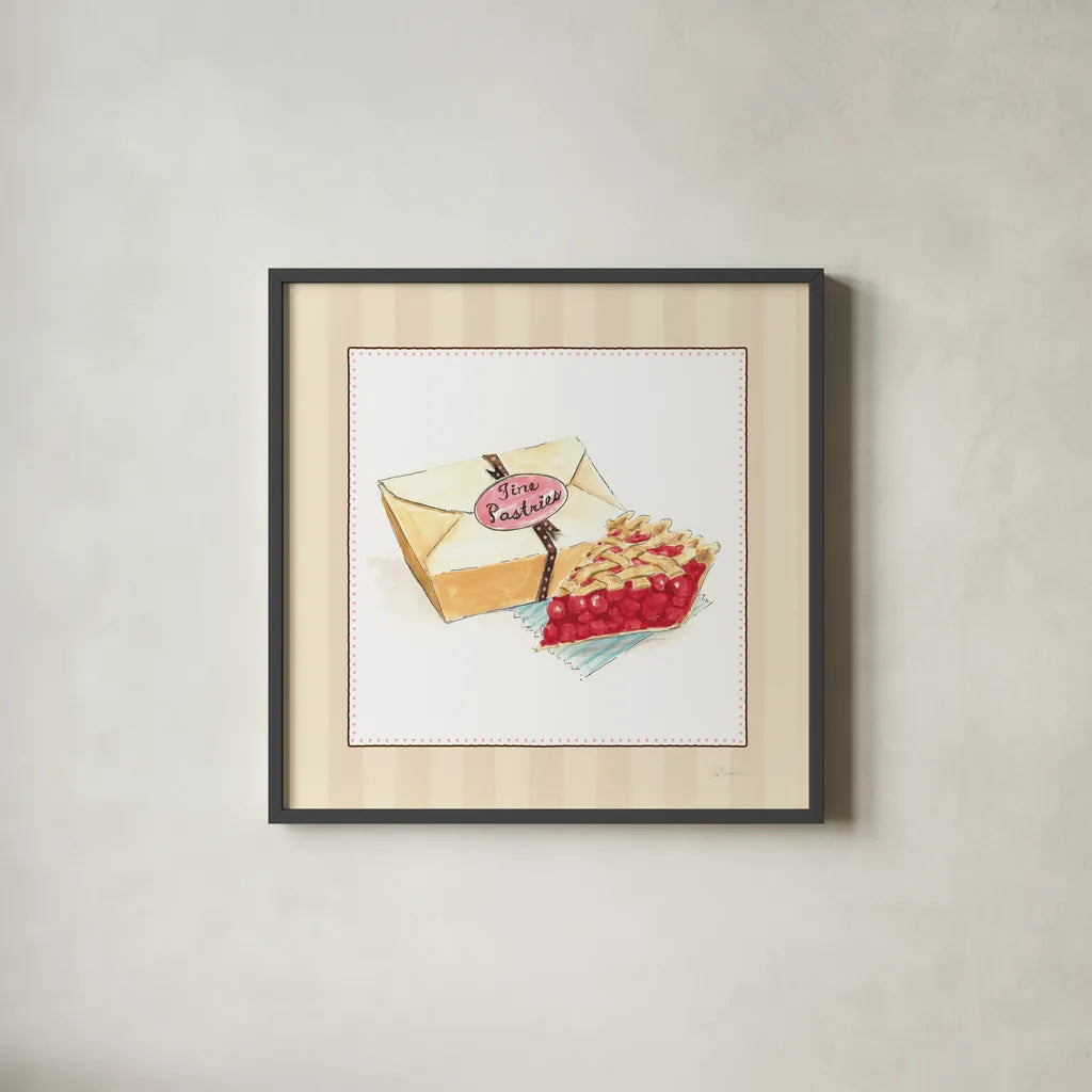 Slice of Pie on Stripes by Sue Schlabach. Shown in a sleek black glass frame for a contemporary gallery look. Available as an archival giclee rolled canvas, fine art paper, or poster print. SKU 100845a.