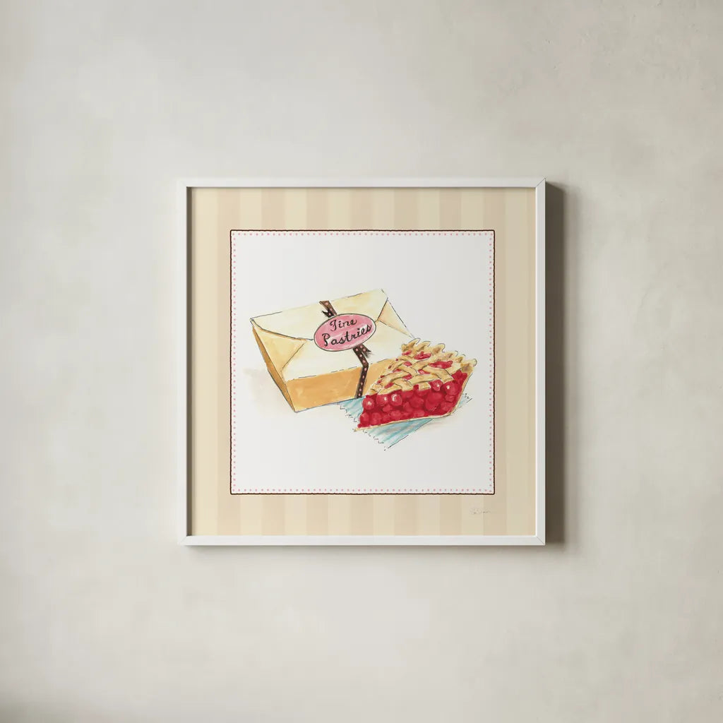 Slice of Pie on Stripes by Sue Schlabach. Shown in a crisp white glass frame for a clean and minimalist style. Available as an archival giclee rolled canvas, fine art paper, or poster print. SKU 100845a.