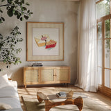 Slice of Pie on Stripes by Sue Schlabach. Shown in a natural wood frame in a cozy modern living room. Available as an archival giclee rolled canvas, fine art paper, or poster print. SKU 100845a.