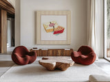 Slice of Pie on Stripes by Sue Schlabach. Shown as extra-large giant wall art in a modern living room. Available as an archival giclee rolled canvas, fine art paper, or poster print. SKU 100845a.