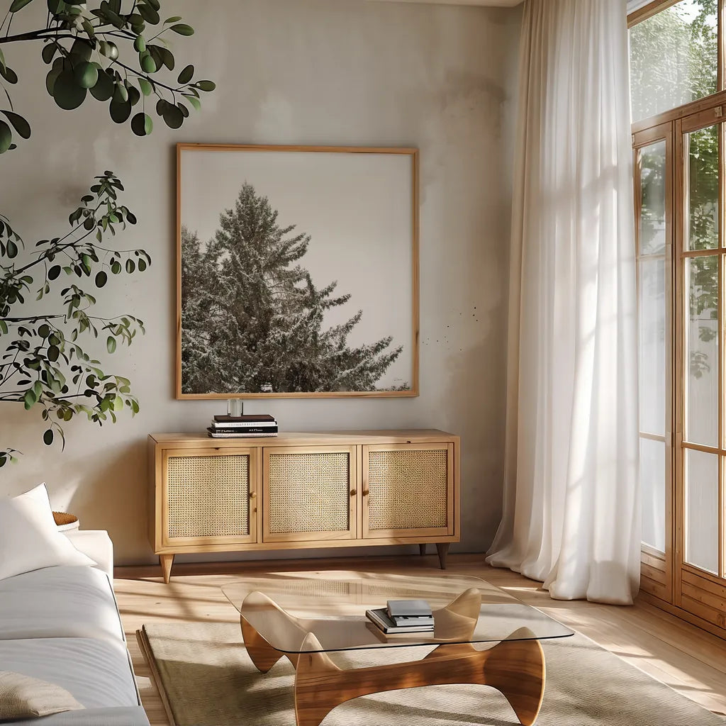 Snow on Treetops Crop by Sue Schlabach. Shown in a natural wood frame in a cozy modern living room. Available as an archival giclee rolled canvas, fine art paper, or poster print. SKU 60939a.