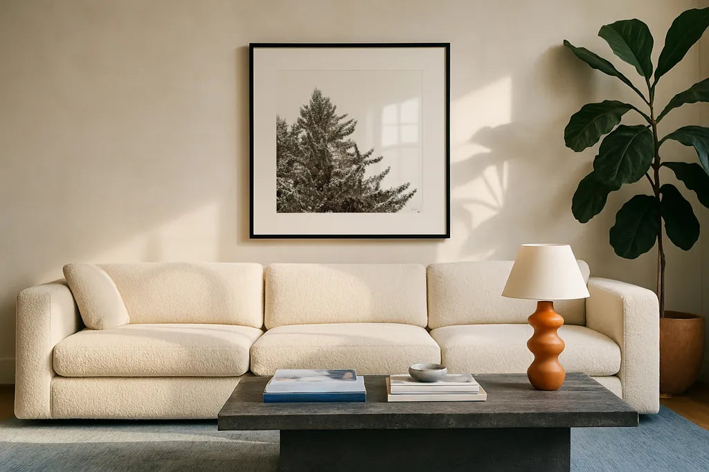 Snow on Treetops Crop by Sue Schlabach. Displayed in a glass frame with matte in a clean modern living room. Available as an archival giclee rolled canvas, fine art paper, or poster print. SKU 60939a.