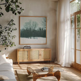 Snowfall by Sue Schlabach. Shown in a natural wood frame in a cozy modern living room. Available as an archival giclee rolled canvas, fine art paper, or poster print. SKU 60938a.