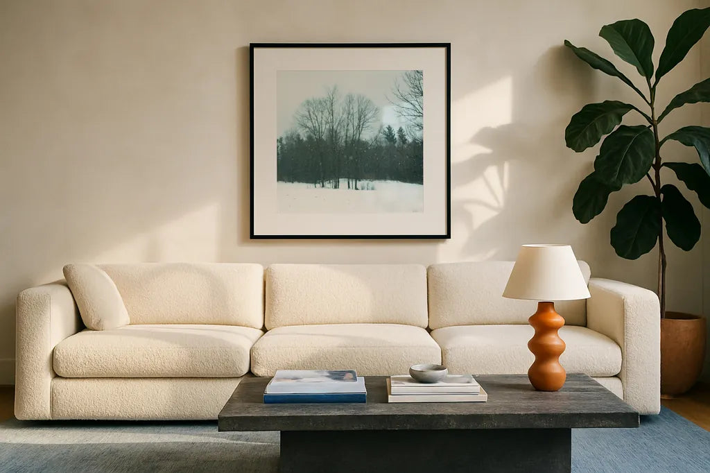 Snowfall by Sue Schlabach. Displayed in a glass frame with matte in a clean modern living room. Available as an archival giclee rolled canvas, fine art paper, or poster print. SKU 60938a.
