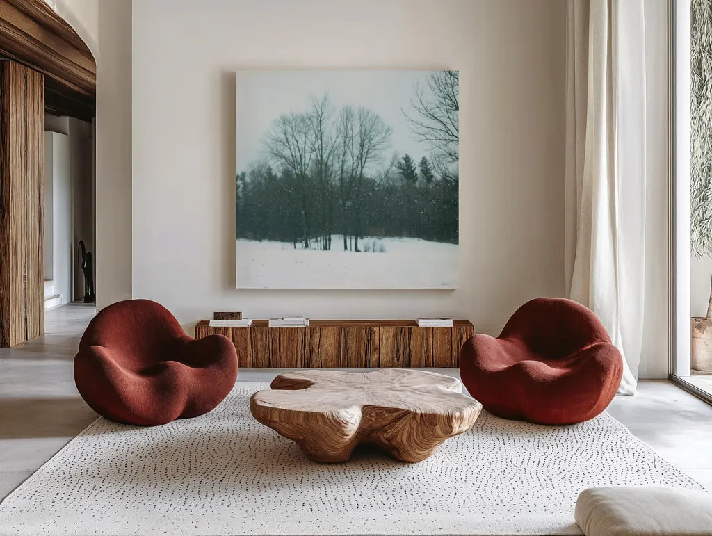 Snowfall by Sue Schlabach. Shown as extra-large giant wall art in a modern living room. Available as an archival giclee rolled canvas, fine art paper, or poster print. SKU 60938a.