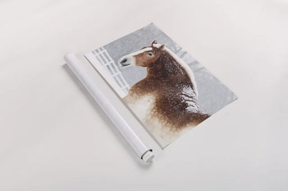 Snowy Draft Horse by Sue Schlabach. shown as a rolled paper print. Available as archival giclee rolled canvas, fine art paper, or poster print. SKU 75784i.