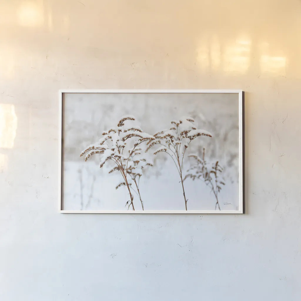 Snowy Gardens by Sue Schlabach. shown as a paper print in a white frame. Available as a archival giclee rolled canvas, fine art paper, or poster print. SKU 75783i.