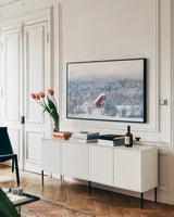 Snowy Valley by Sue Schlabach. shown as a framed stretched canvas in a living room above a console. Available as a archival giclee rolled canvas, fine art paper, or poster print. SKU 60935i.