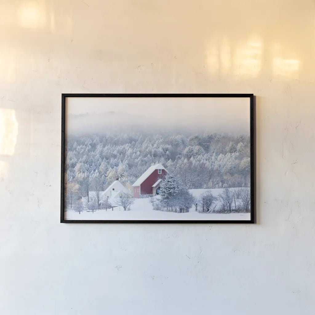 Snowy Valley by Sue Schlabach. shown as a paper print in a black flame. Available as a archival giclee rolled canvas, fine art paper, or poster print. SKU 60935i.