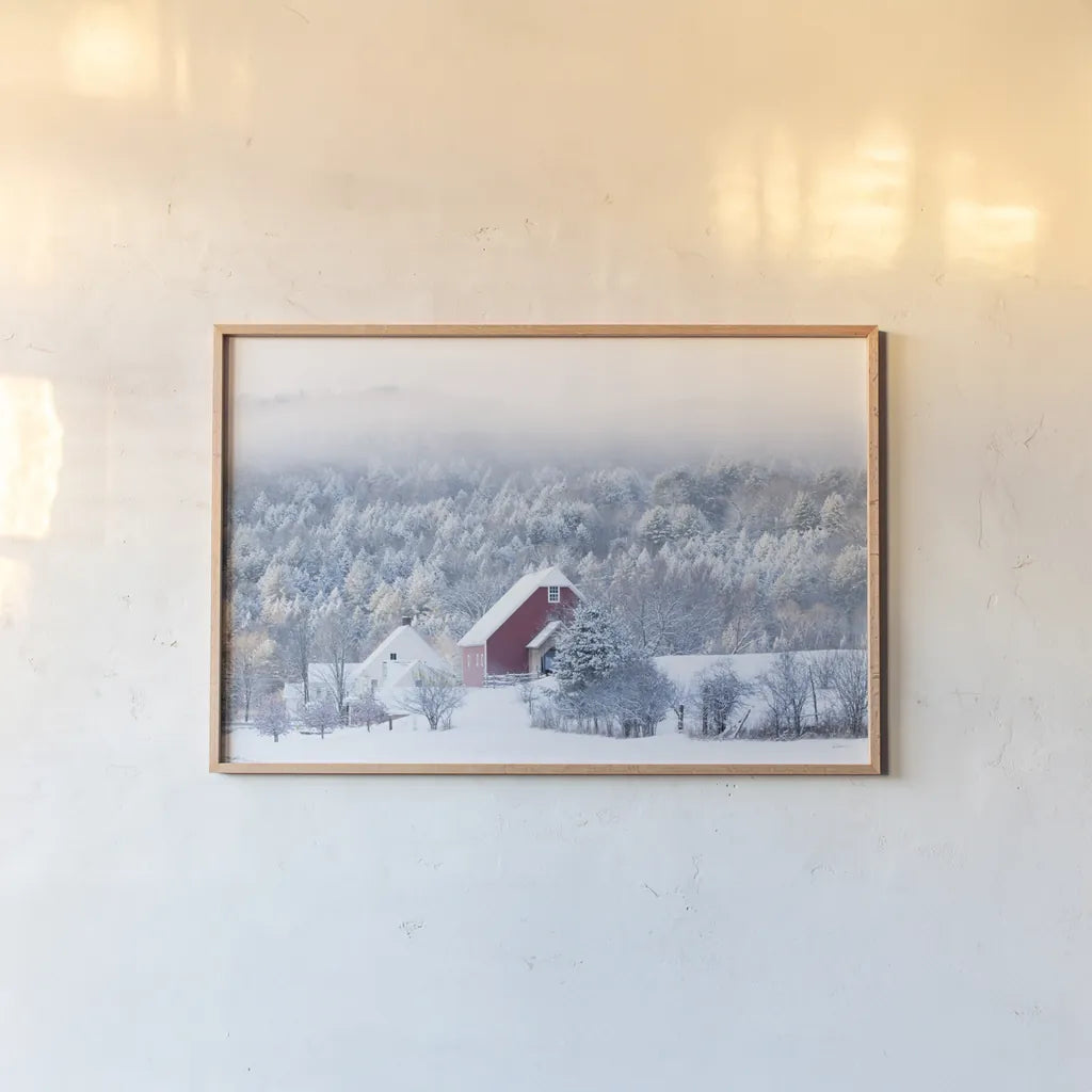 Snowy Valley by Sue Schlabach. shown as a paper print in a natural frame. Available as a archival giclee rolled canvas, fine art paper, or poster print. SKU 60935i.