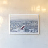 Snowy Valley by Sue Schlabach. shown as a paper print in a white frame. Available as a archival giclee rolled canvas, fine art paper, or poster print. SKU 60935i.
