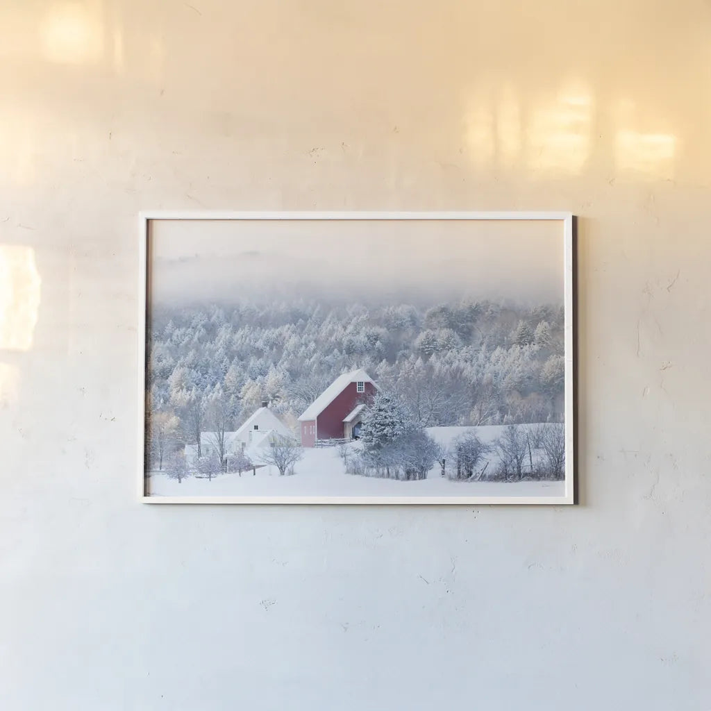 Snowy Valley by Sue Schlabach. shown as a paper print in a white frame. Available as a archival giclee rolled canvas, fine art paper, or poster print. SKU 60935i.