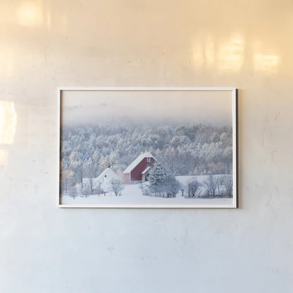 Snowy Valley by Sue Schlabach. shown as a paper print in a white frame. Available as a archival giclee rolled canvas, fine art paper, or poster print. SKU 60935i.