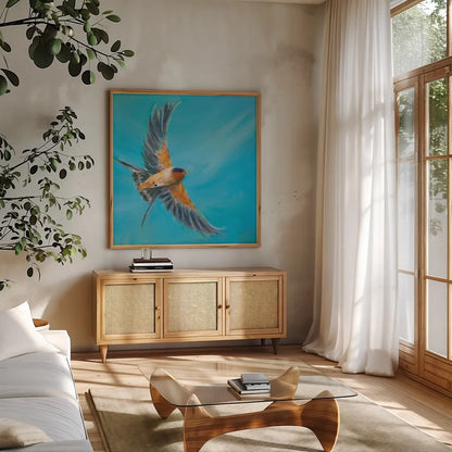 Soaring by Sue Schlabach. Shown in a natural wood frame in a cozy modern living room. Available as an archival giclee rolled canvas, fine art paper, or poster print. SKU 88564a.