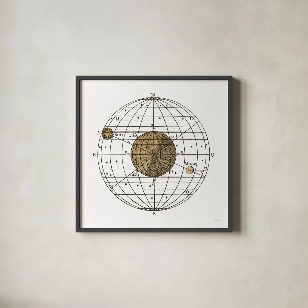 Solar Globe I by Sue Schlabach. Shown in a sleek black glass frame for a contemporary gallery look. Available as an archival giclee rolled canvas, fine art paper, or poster print. SKU 64622a.