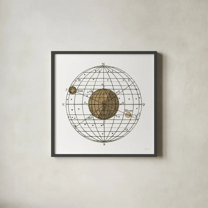 Solar Globe I by Sue Schlabach. Shown in a sleek black glass frame for a contemporary gallery look. Available as an archival giclee rolled canvas, fine art paper, or poster print. SKU 64622a.