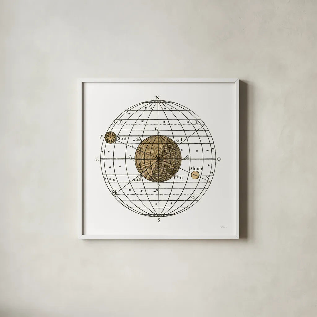 Solar Globe I by Sue Schlabach. Shown in a crisp white glass frame for a clean and minimalist style. Available as an archival giclee rolled canvas, fine art paper, or poster print. SKU 64622a.