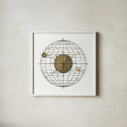 Solar Globe I by Sue Schlabach. Shown in a crisp white glass frame for a clean and minimalist style. Available as an archival giclee rolled canvas, fine art paper, or poster print. SKU 64622a.