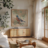 Songbird Robin by Sue Schlabach. Shown in a natural wood frame in a cozy modern living room. Available as an archival giclee rolled canvas, fine art paper, or poster print. SKU 88561a.