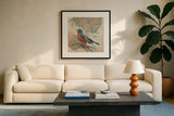 Songbird Robin by Sue Schlabach. Displayed in a glass frame with matte in a clean modern living room. Available as an archival giclee rolled canvas, fine art paper, or poster print. SKU 88561a.