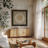 Sphere Compass by Sue Schlabach. Shown in a natural wood frame in a cozy modern living room. Available as an archival giclee rolled canvas, fine art paper, or poster print. SKU 14758a.