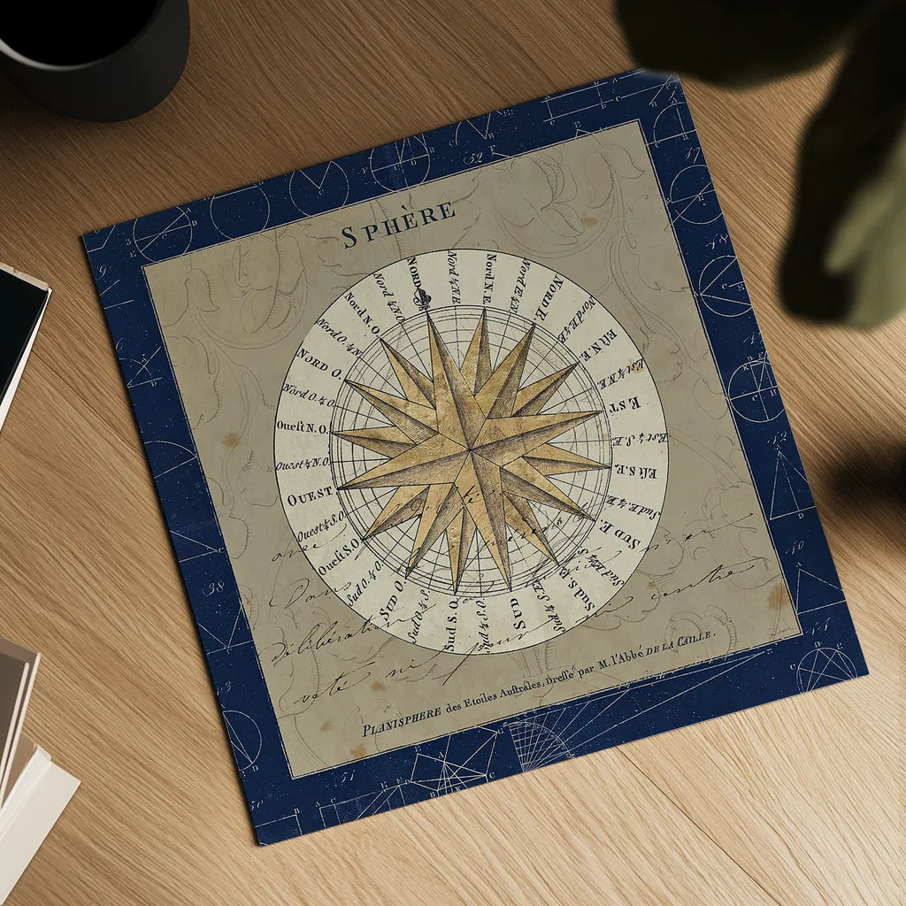 Sphere Compass Blue by Sue Schlabach. Shown as a detailed flat fine art print, highlighting archival giclee quality. Available as an archival giclee rolled canvas, fine art paper, or poster print. SKU 14542a.