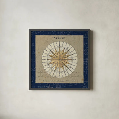 Sphere Compass Blue by Sue Schlabach. Shown in a sleek black glass frame for a contemporary gallery look. Available as an archival giclee rolled canvas, fine art paper, or poster print. SKU 14542a.