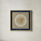 Sphere Compass Blue by Sue Schlabach. Shown in a natural wood glass frame for a timeless modern aesthetic. Available as an archival giclee rolled canvas, fine art paper, or poster print. SKU 14542a.