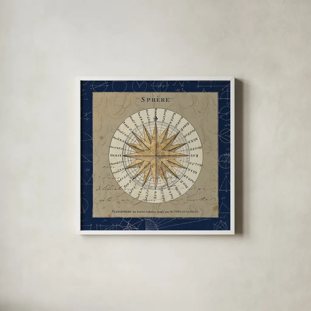 Sphere Compass Blue by Sue Schlabach. Shown in a crisp white glass frame for a clean and minimalist style. Available as an archival giclee rolled canvas, fine art paper, or poster print. SKU 14542a.