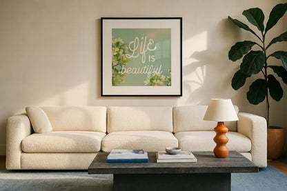 Spring Beauty I Square by Sue Schlabach. Displayed in a glass frame with matte in a clean modern living room. Available as an archival giclee rolled canvas, fine art paper, or poster print. SKU 21684a.