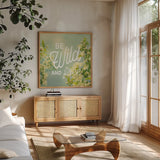 Spring Beauty II Square by Sue Schlabach. Shown in a natural wood frame in a cozy modern living room. Available as an archival giclee rolled canvas, fine art paper, or poster print. SKU 21685a.