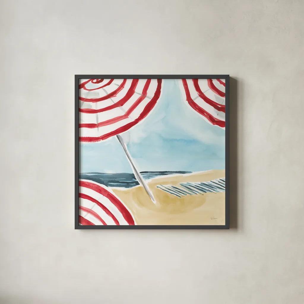 Stripes on the Beach I by Sue Schlabach. Shown in a sleek black glass frame for a contemporary gallery look. Available as an archival giclee rolled canvas, fine art paper, or poster print. SKU 59240a.