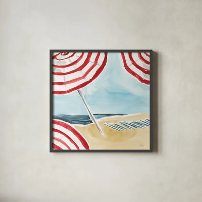 Stripes on the Beach I by Sue Schlabach. Shown in a sleek black glass frame for a contemporary gallery look. Available as an archival giclee rolled canvas, fine art paper, or poster print. SKU 59240a.