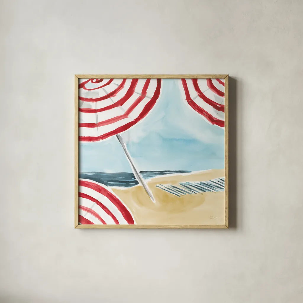 Stripes on the Beach I by Sue Schlabach. Shown in a natural wood glass frame for a timeless modern aesthetic. Available as an archival giclee rolled canvas, fine art paper, or poster print. SKU 59240a.