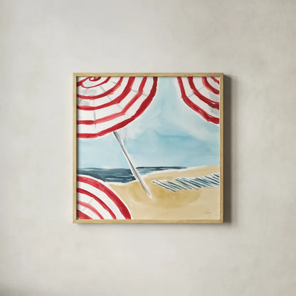 Stripes on the Beach I by Sue Schlabach. Shown in a natural wood glass frame for a timeless modern aesthetic. Available as an archival giclee rolled canvas, fine art paper, or poster print. SKU 59240a.