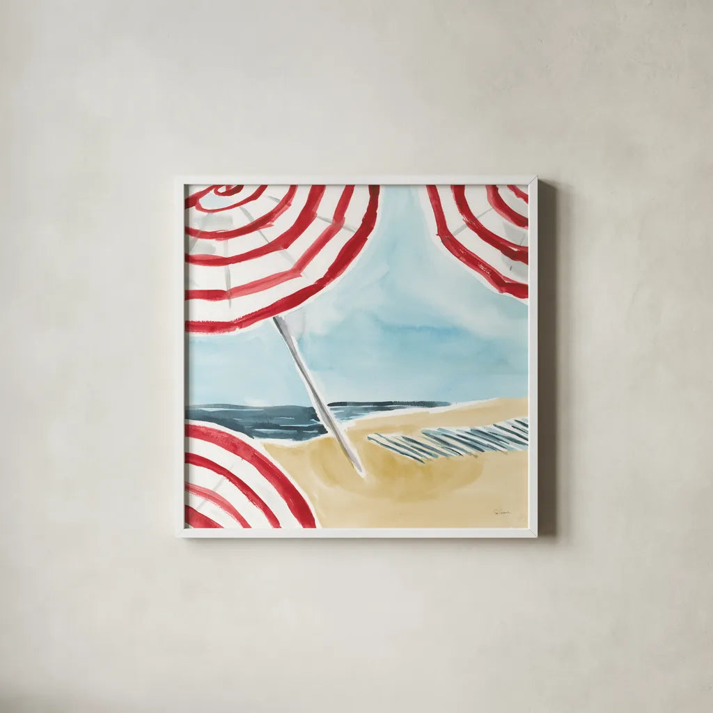Stripes on the Beach I by Sue Schlabach. Shown in a crisp white glass frame for a clean and minimalist style. Available as an archival giclee rolled canvas, fine art paper, or poster print. SKU 59240a.
