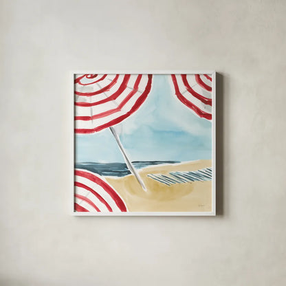 Stripes on the Beach I by Sue Schlabach. Shown in a crisp white glass frame for a clean and minimalist style. Available as an archival giclee rolled canvas, fine art paper, or poster print. SKU 59240a.