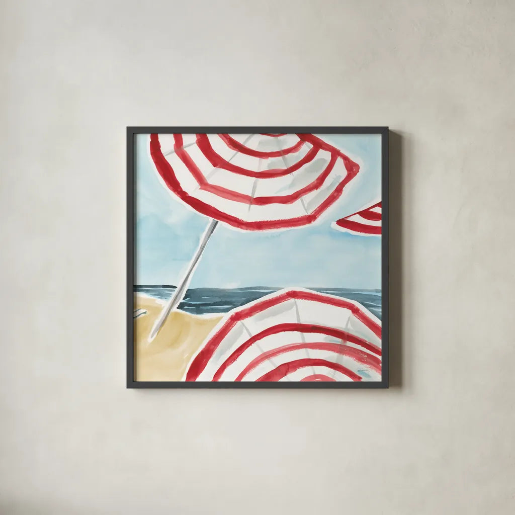 Stripes on the Beach II by Sue Schlabach. Shown in a sleek black glass frame for a contemporary gallery look. Available as an archival giclee rolled canvas, fine art paper, or poster print. SKU 59241a.