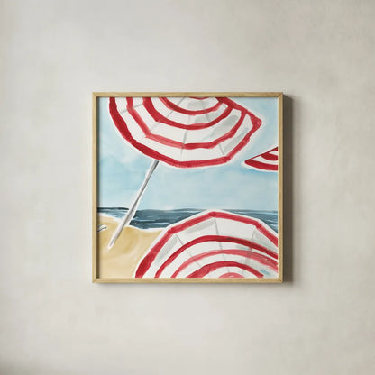 Stripes on the Beach II by Sue Schlabach. Shown in a natural wood glass frame for a timeless modern aesthetic. Available as an archival giclee rolled canvas, fine art paper, or poster print. SKU 59241a.