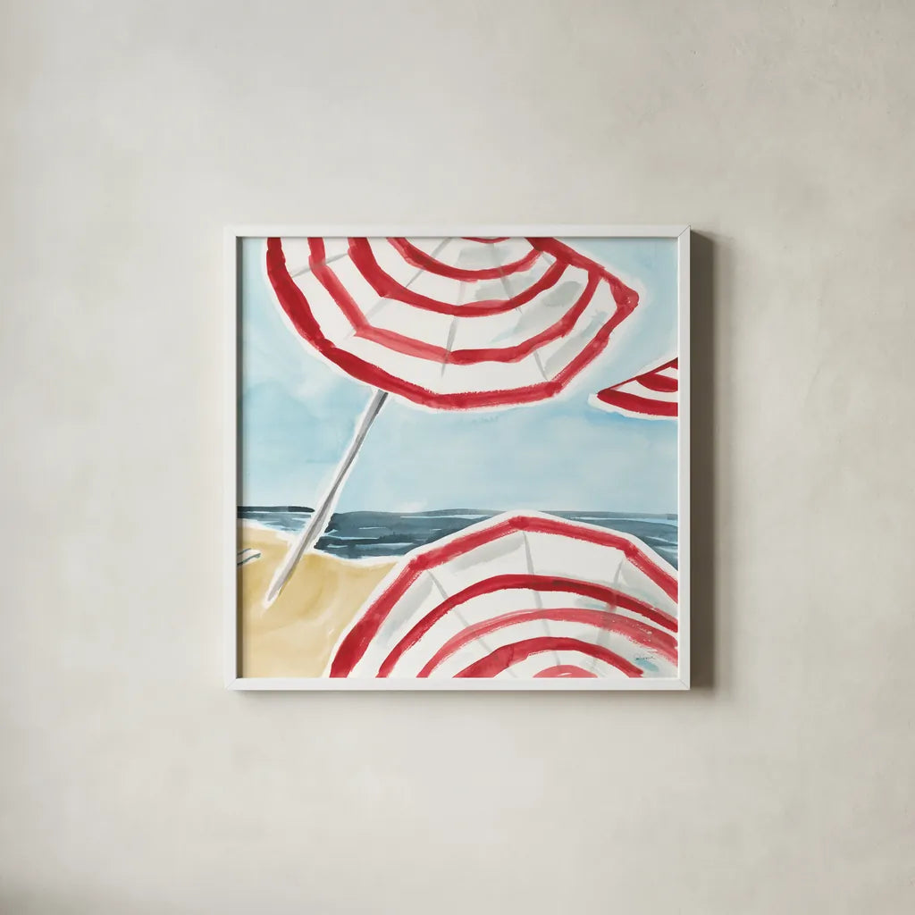 Stripes on the Beach II by Sue Schlabach. Shown in a crisp white glass frame for a clean and minimalist style. Available as an archival giclee rolled canvas, fine art paper, or poster print. SKU 59241a.