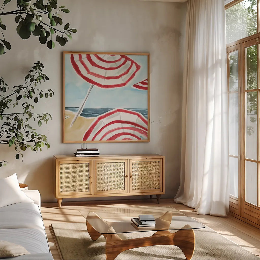 Stripes on the Beach II by Sue Schlabach. Shown in a natural wood frame in a cozy modern living room. Available as an archival giclee rolled canvas, fine art paper, or poster print. SKU 59241a.