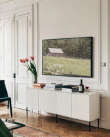 Summer Farm I by Sue Schlabach. shown as a framed stretched canvas in a living room above a console. Available as a archival giclee rolled canvas, fine art paper, or poster print. SKU 79100i.