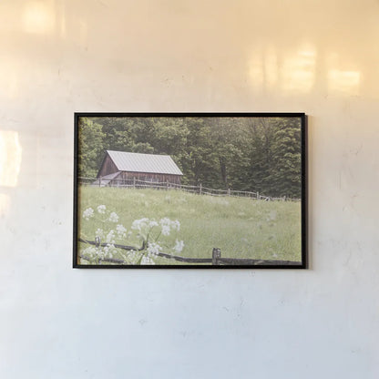 Summer Farm I by Sue Schlabach. shown as a paper print in a black flame. Available as a archival giclee rolled canvas, fine art paper, or poster print. SKU 79100i.