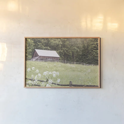 Summer Farm I by Sue Schlabach. shown as a paper print in a natural frame. Available as a archival giclee rolled canvas, fine art paper, or poster print. SKU 79100i.