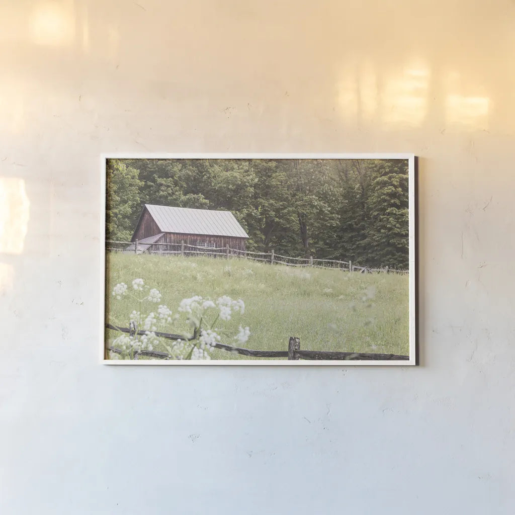 Summer Farm I by Sue Schlabach. shown as a paper print in a white frame. Available as a archival giclee rolled canvas, fine art paper, or poster print. SKU 79100i.