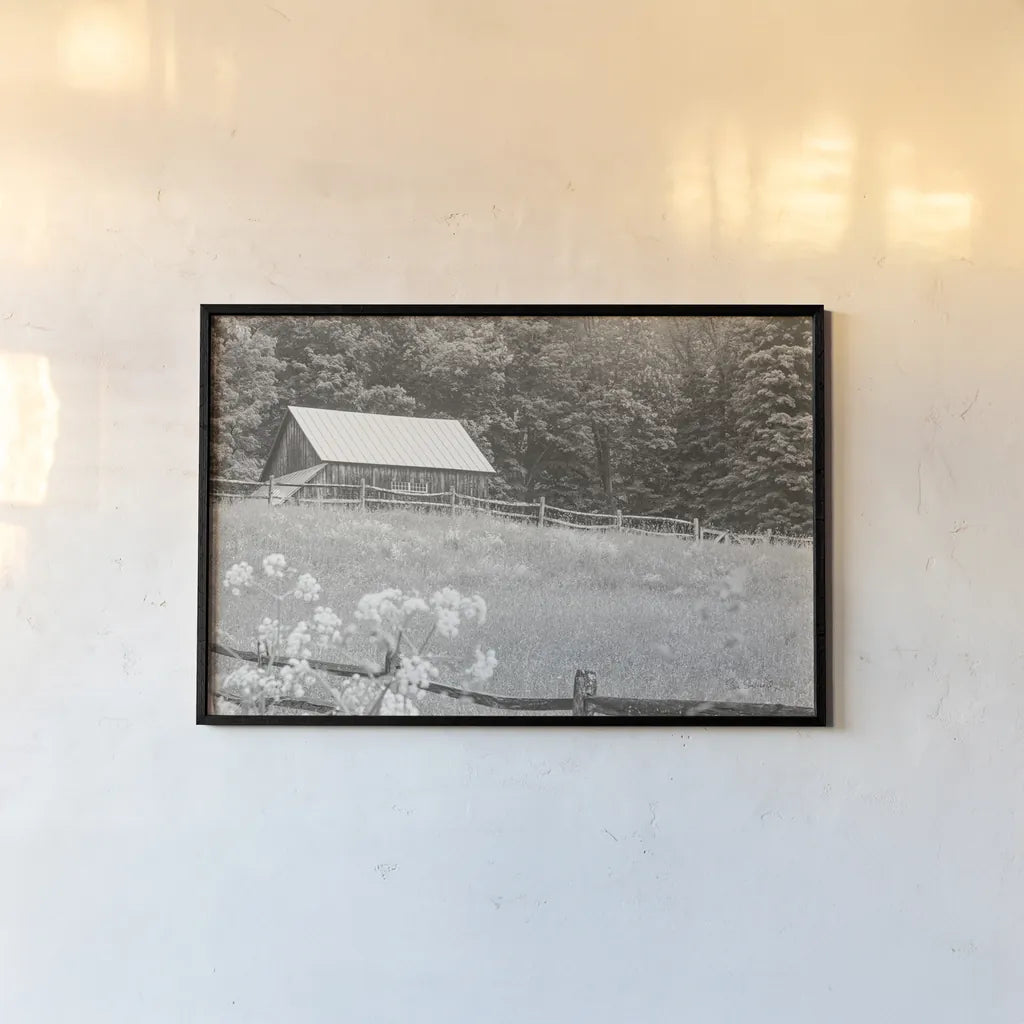 Summer Farm I BW by Sue Schlabach. shown as a paper print in a black flame. Available as a archival giclee rolled canvas, fine art paper, or poster print. SKU 79103i.