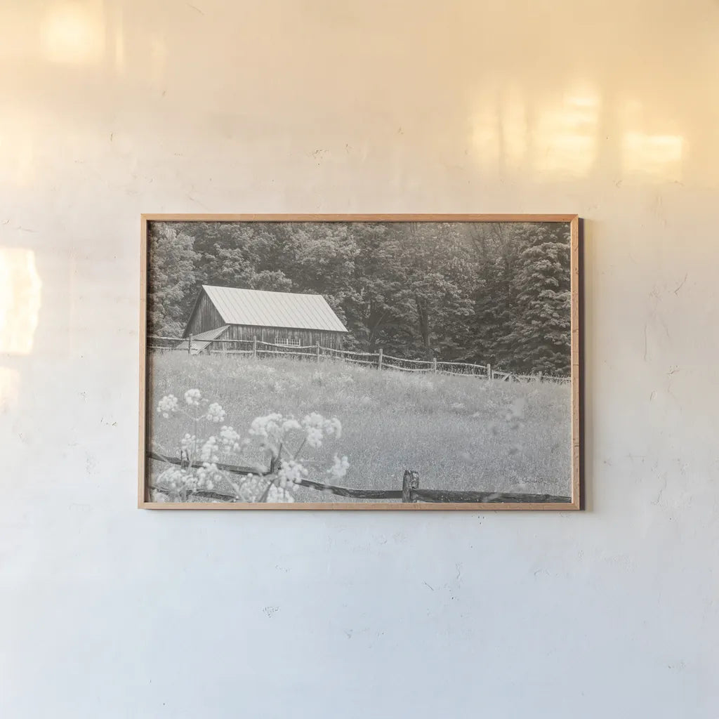Summer Farm I BW by Sue Schlabach. shown as a paper print in a natural frame. Available as a archival giclee rolled canvas, fine art paper, or poster print. SKU 79103i.