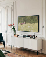 Summer Farm II by Sue Schlabach. shown as a framed stretched canvas in a living room above a console. Available as a archival giclee rolled canvas, fine art paper, or poster print. SKU 79101i.